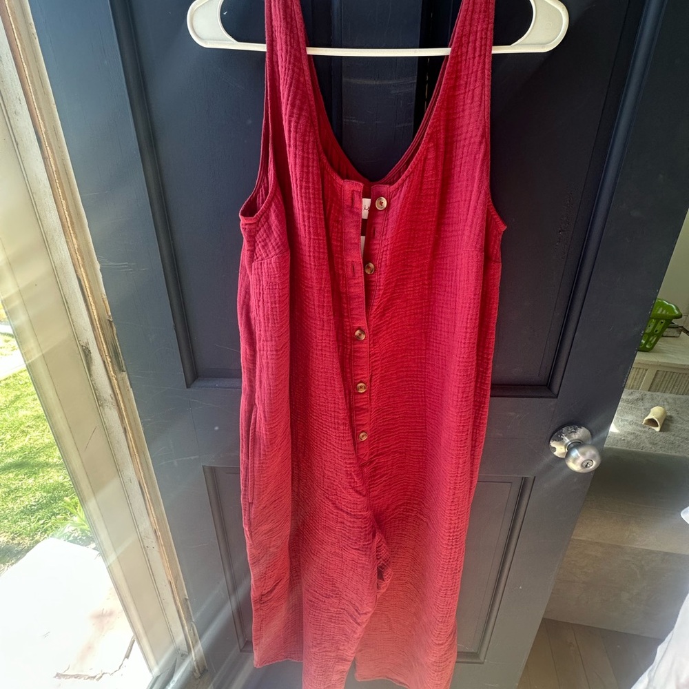 Red Sleeveless Button-Down Jumpsuit
